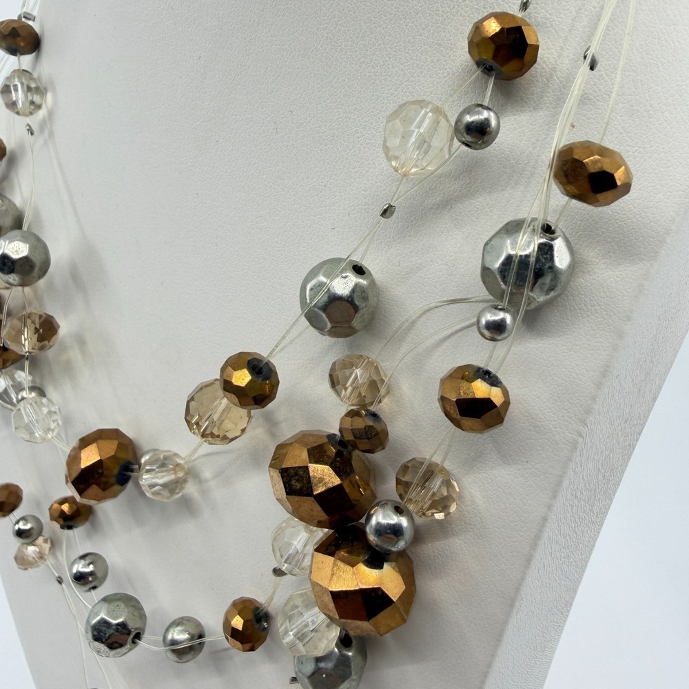 Multi Strand Beads Necklace Bronze & Silver Tone with Clear Crystals - Picture 8 of 13